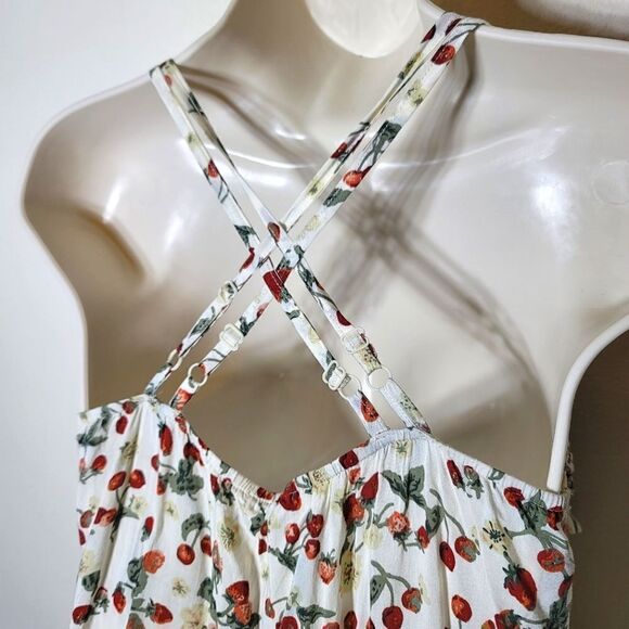 Mine Floral Strawberry Wide Leg Spaghetti Crisscross Strap Cottagecore Romper - Picture 5 of 6